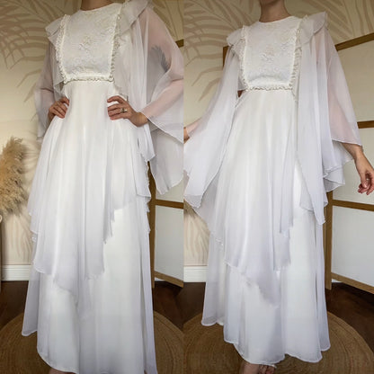 70s petite flared white/cream long sleeve wedding dress uk 8