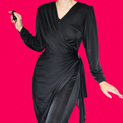 Black 80s stretch draped evening dress UK 14