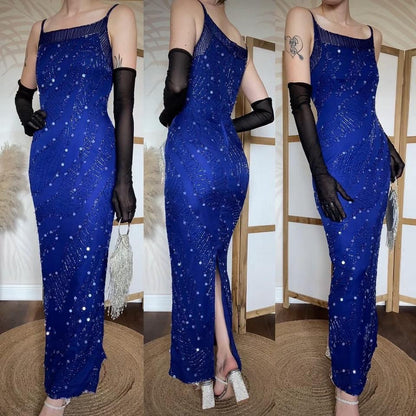 Electric blue 100% silk bead/sequin evening dress uk 8-10