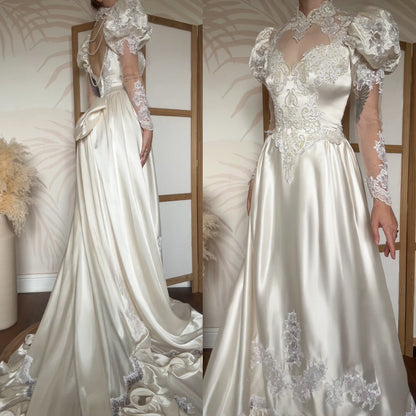 Vintage ivory satin 80s wedding dress uk 8
