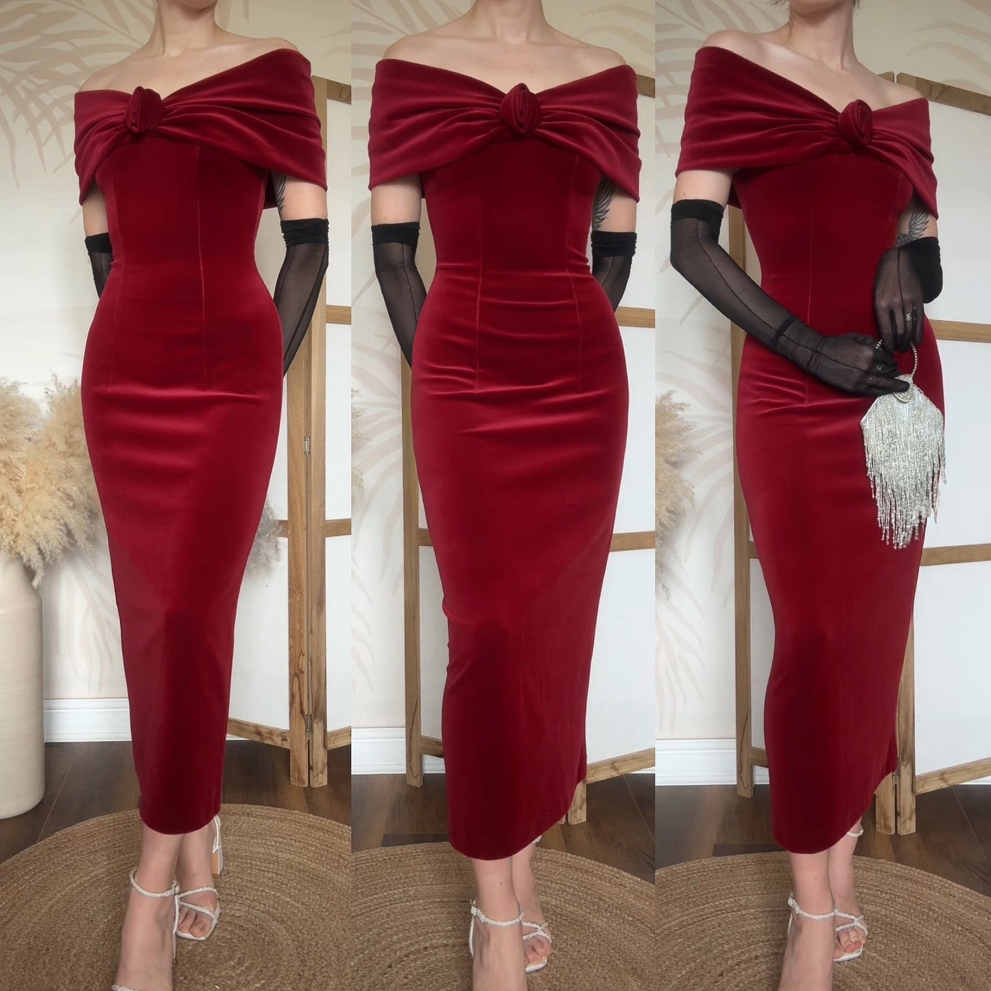 Red velvet petite off shoulder evening dress uk 8