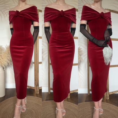 Red velvet petite off shoulder evening dress uk 8
