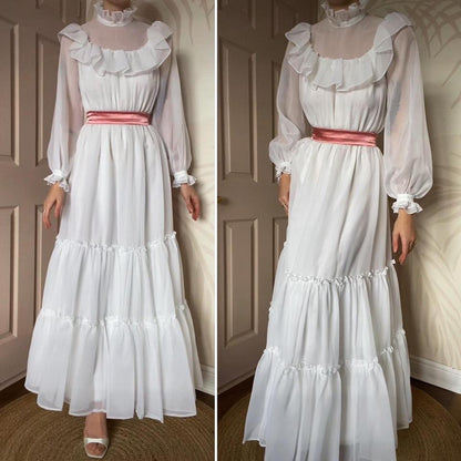 White 70s long sleeve wedding dress UK 6-10