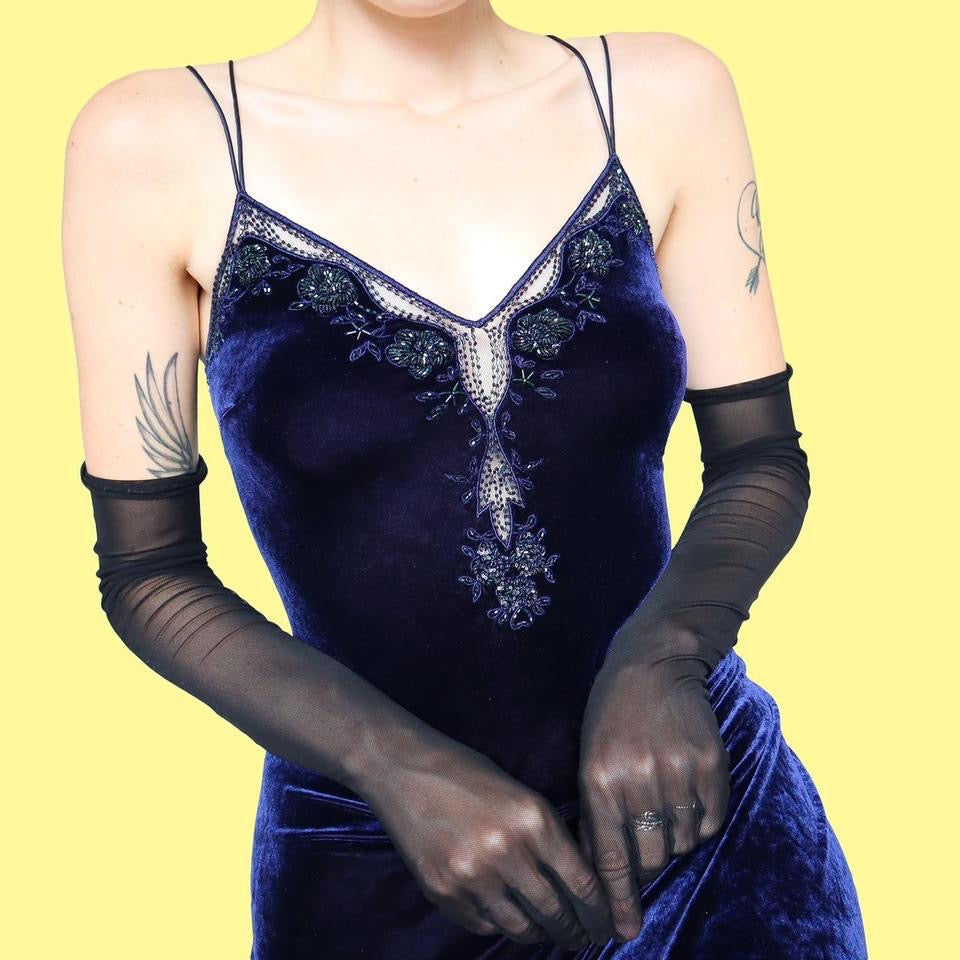 Navy vintage Medici velvet beaded evening dress UK 12