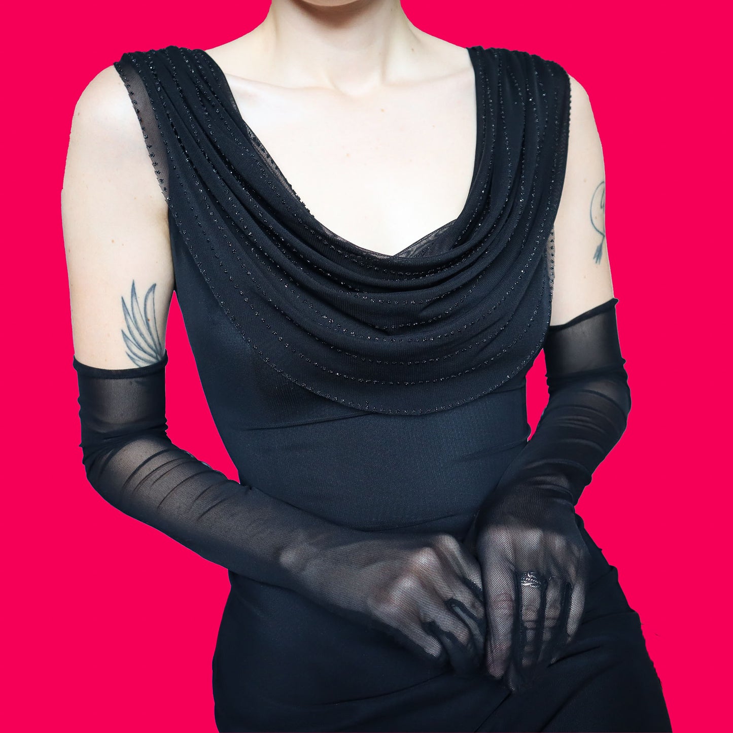 Tadashi black stretch sheer back evening dress UK 14