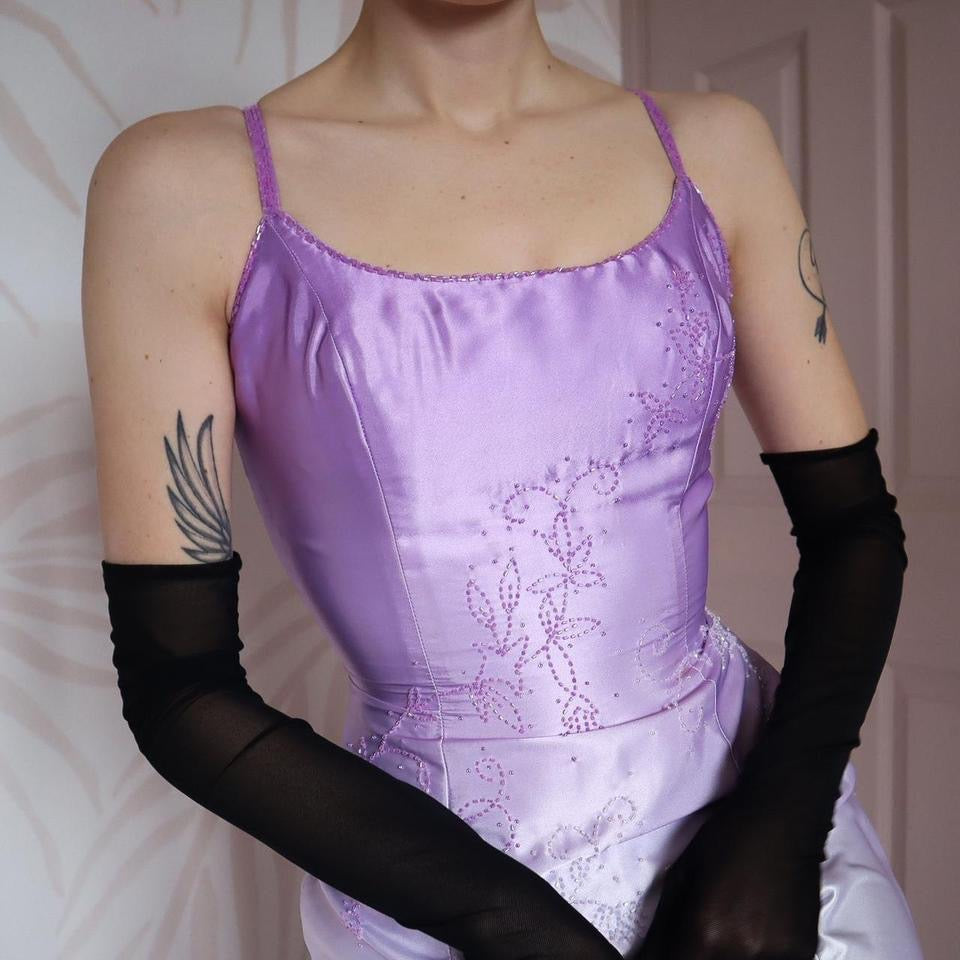 YVE London purple satin beaded fishtail evening gown UK 10