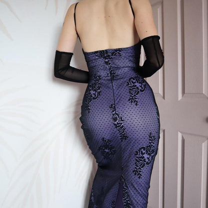 Purple & black lace fitted evening dress UK 10