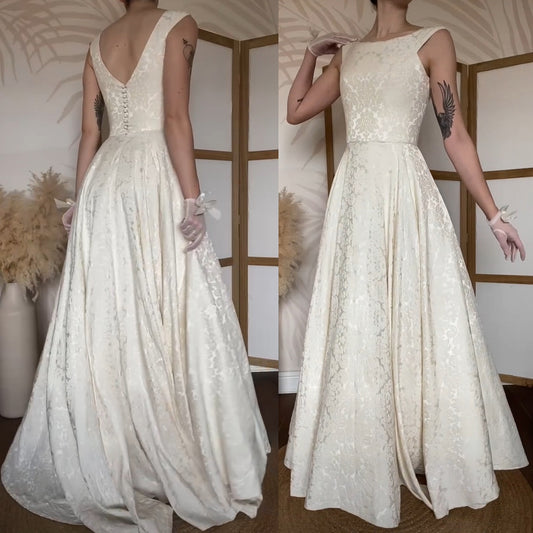 Ivory floral jacquard fit & flare wedding dress uk 10