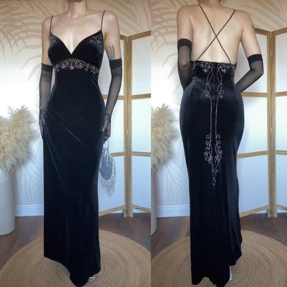 Black 90s velvet beaded evening dress uk 16