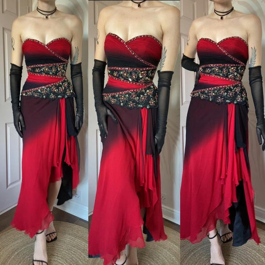 Red & black YVE London silk strapless gown UK 10