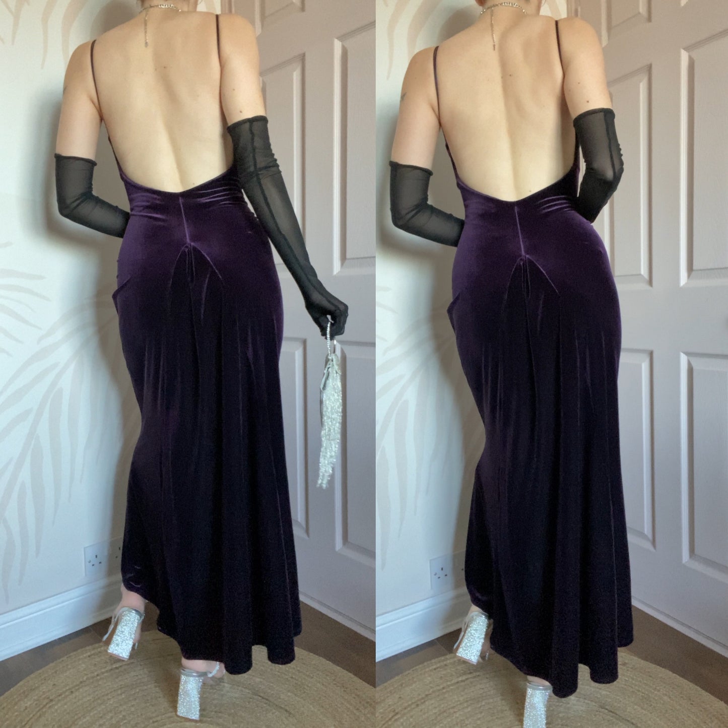 Purple velvet stretch low back evening dress UK 12