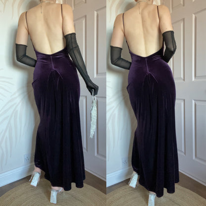Purple velvet stretch low back evening dress UK 12