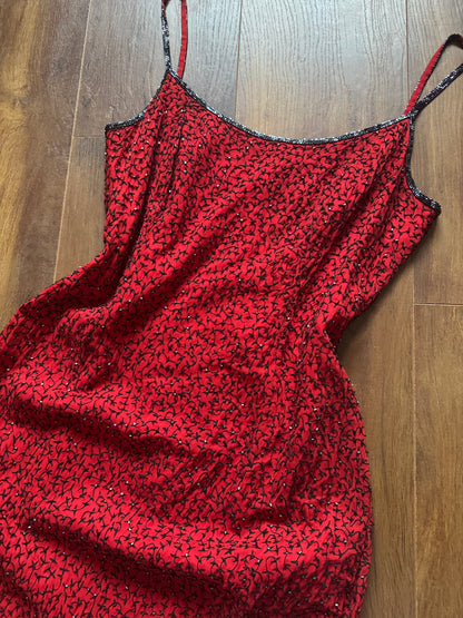 Red 100% silk beaded evening dress uk 12