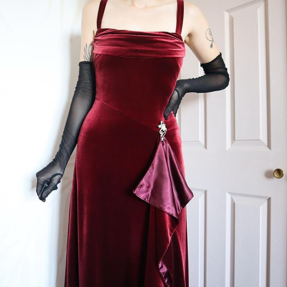 Red velvet stretch Kaliko evening dress UK 8-10