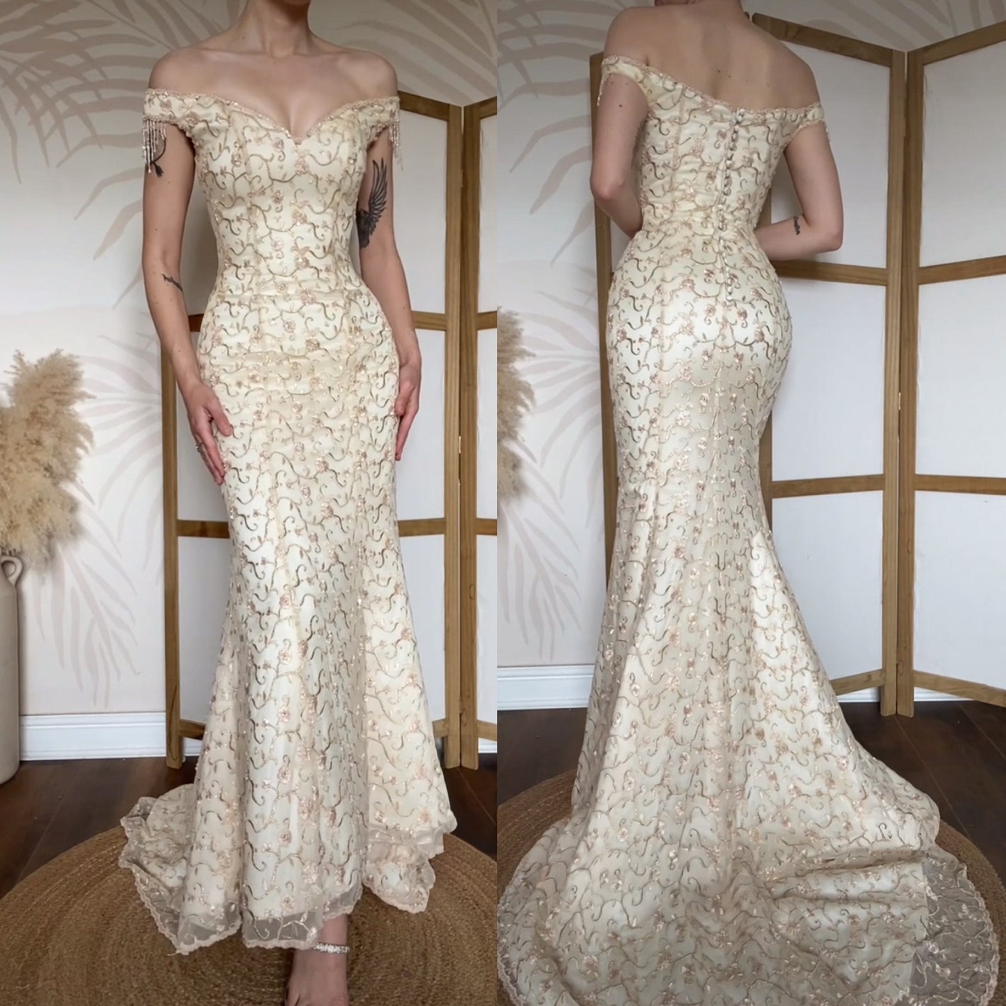Justin Alexander cream off shoulder embroidered wedding dress uk 8