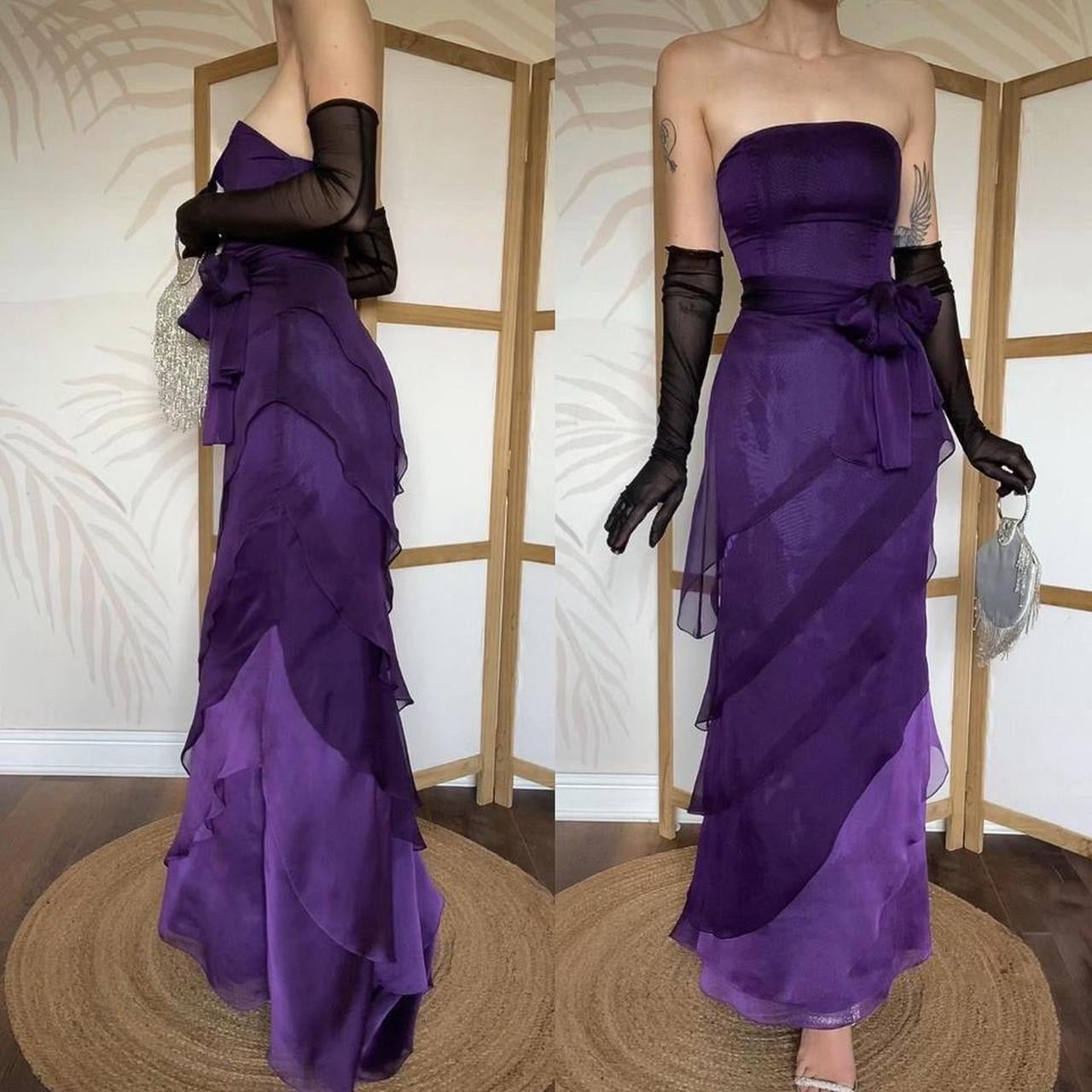 Purple Niki Livas strapless layered gown uk 12