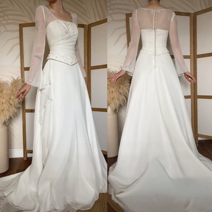 Ivory chiffon long sleeve wedding dress uk 10