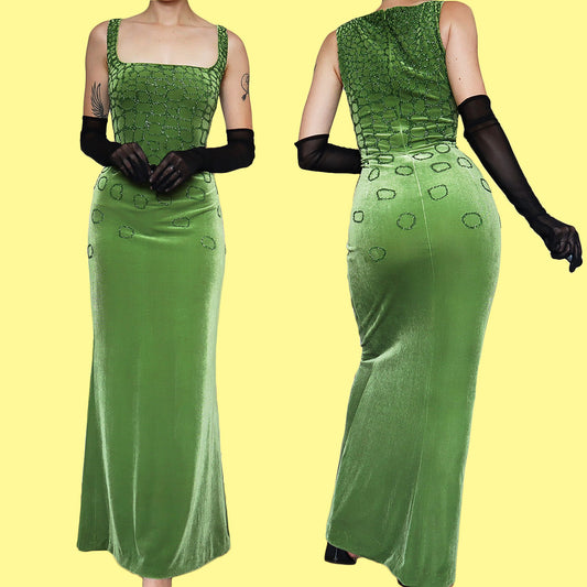 Frank Usher Silk Blend Green Velvet Evening Dress UK 12-14