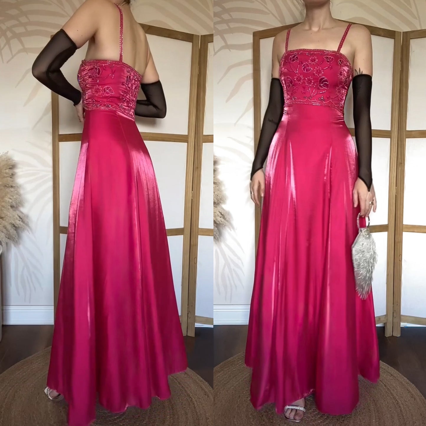Fuchsia pink a-line beaded evening dress uk 12