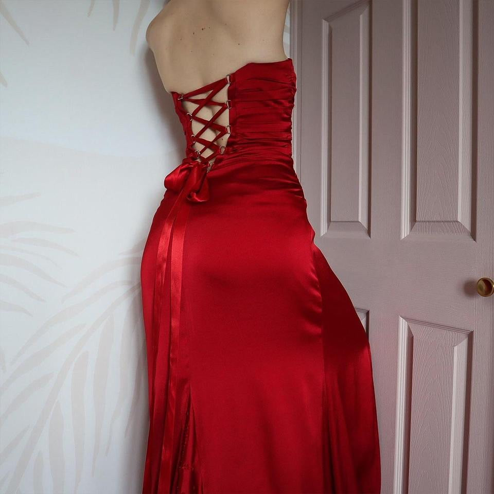 Red strapless lace up back evening gown UK 10