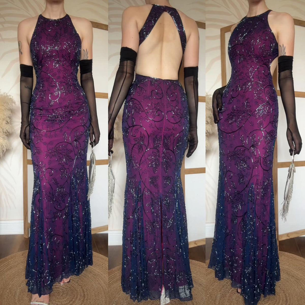 Purple 100% silk beaded evening dress uk 6