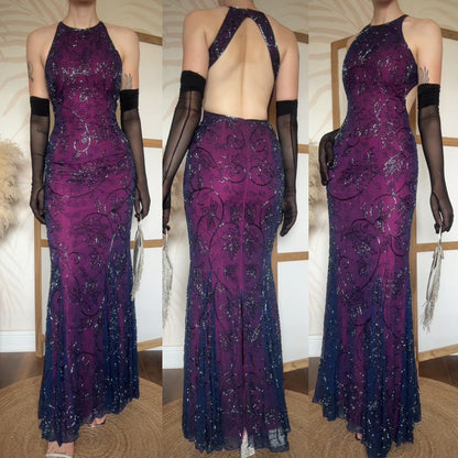Purple 100% silk beaded evening dress uk 6