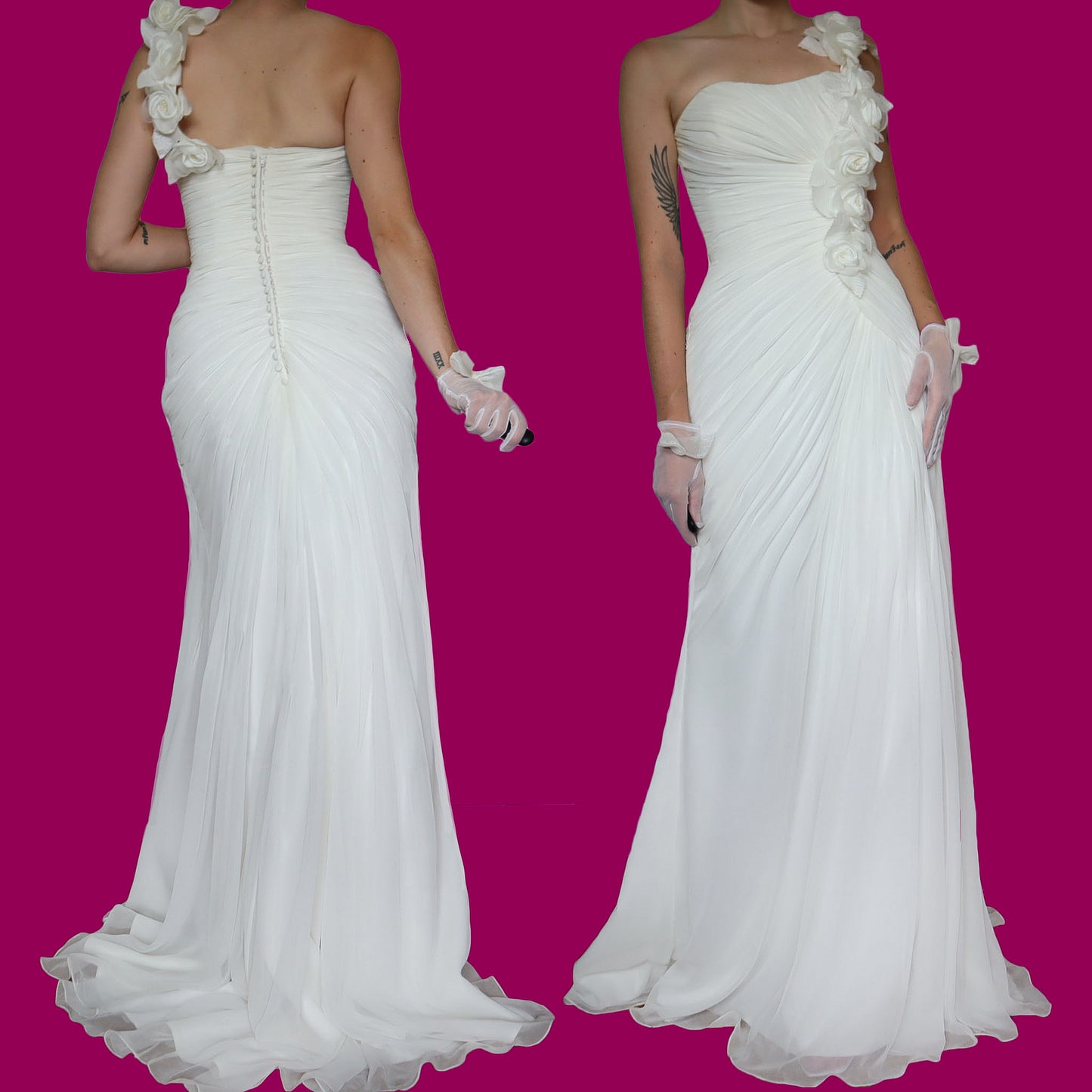 White gathered one shoulder wedding gown UK 10