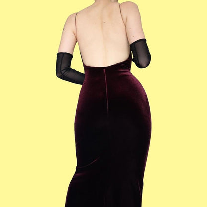 Petite burgundy velvet open back evening dress UK 10