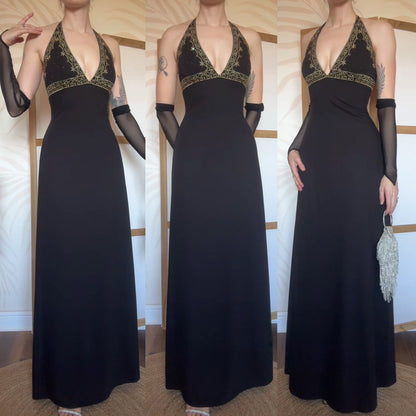 Black stretch halter neck evening dress uk 12