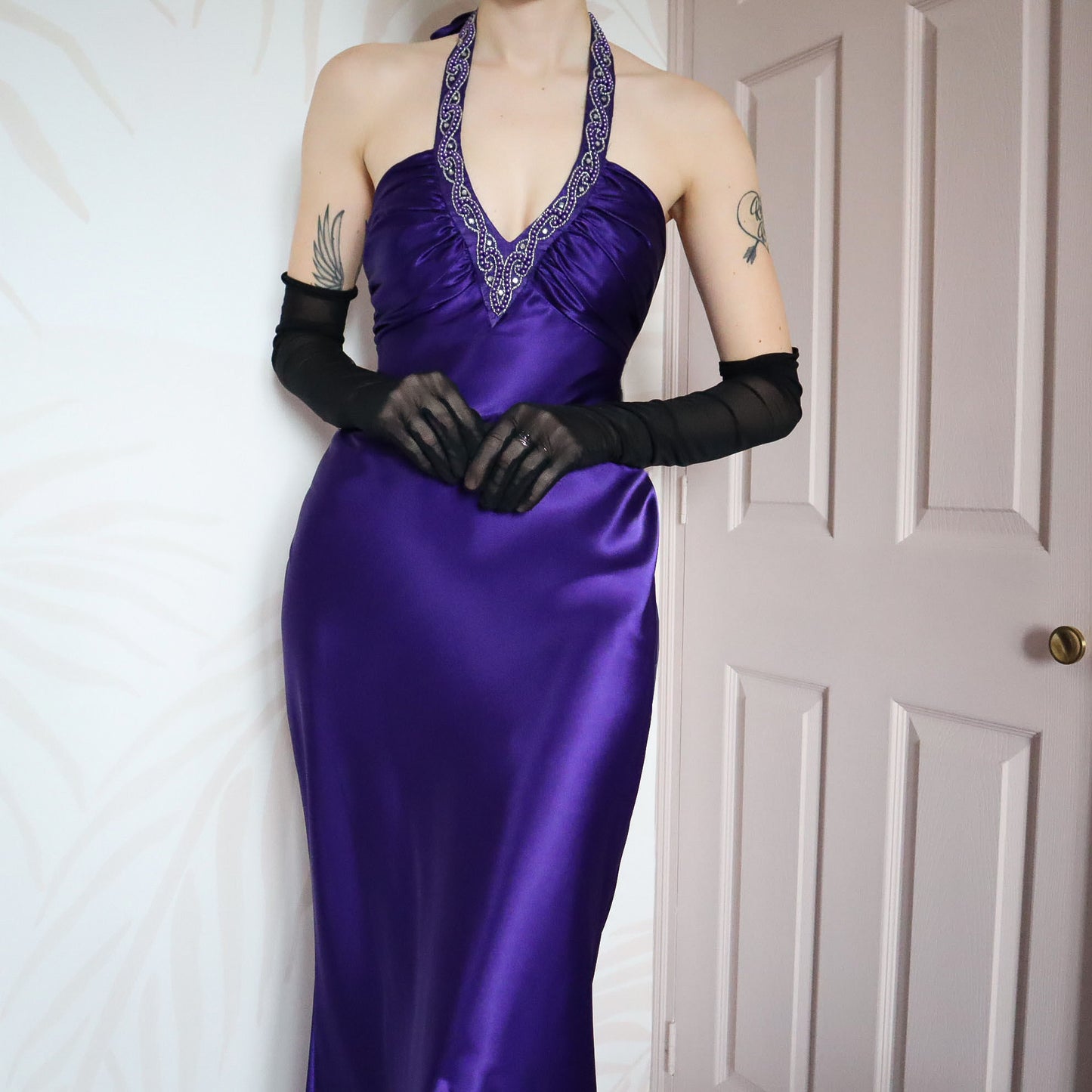 Purple satin halter neck evening gown UK 10