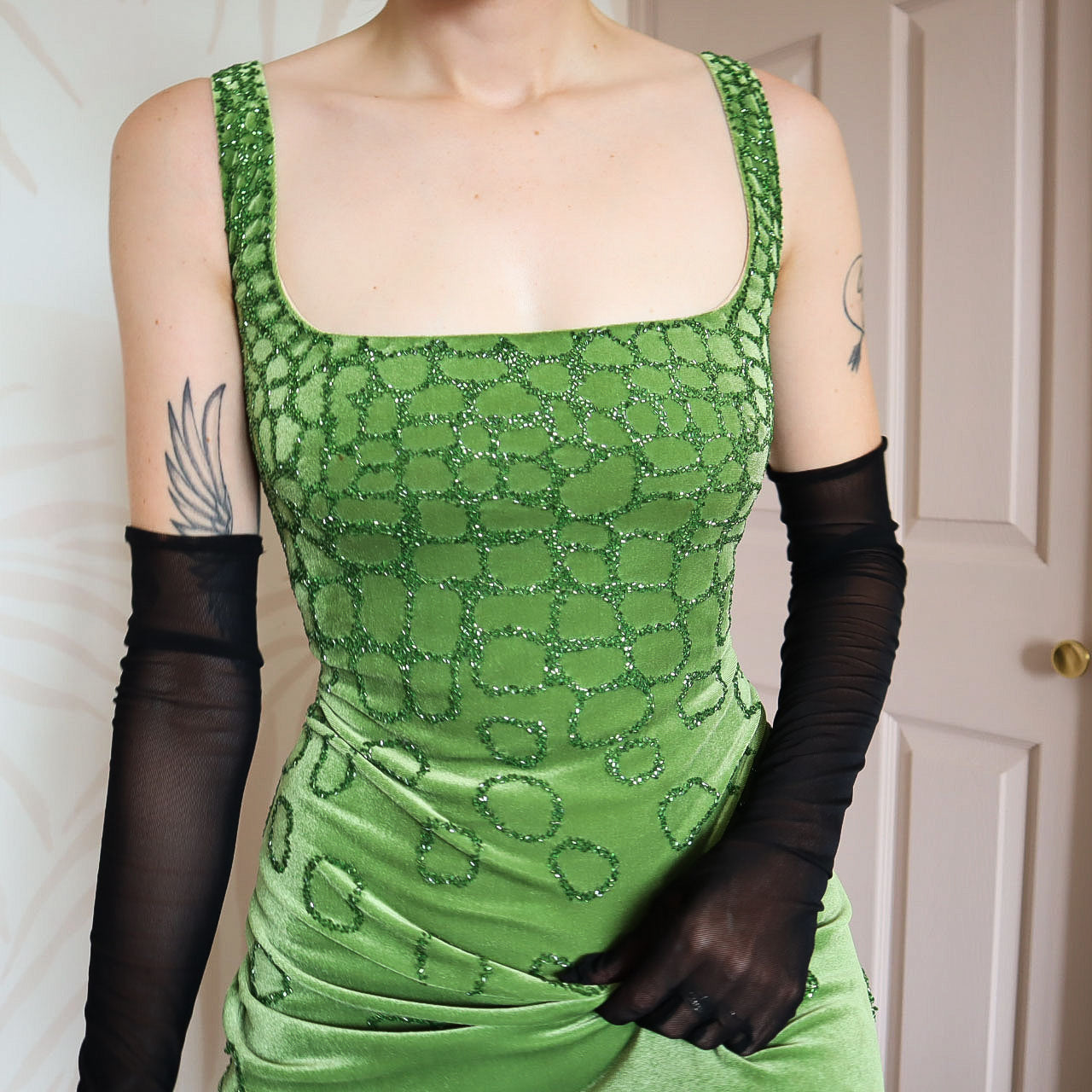 Frank Usher Silk Blend Green Velvet Evening Dress UK 12-14