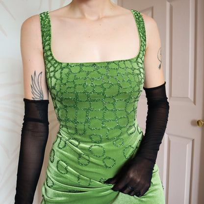 Frank Usher Silk Blend Green Velvet Evening Dress UK 12-14