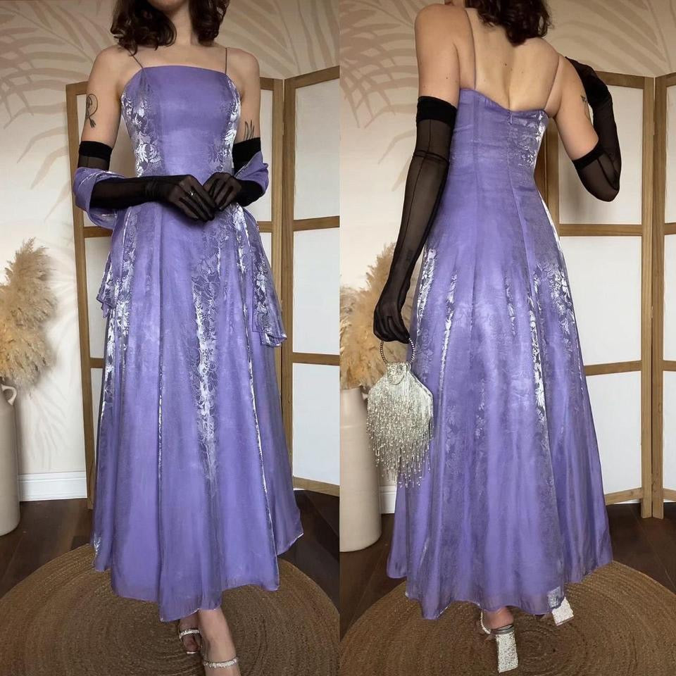 Purple fit & flare floral shimmery evening dress & shawl uk 8