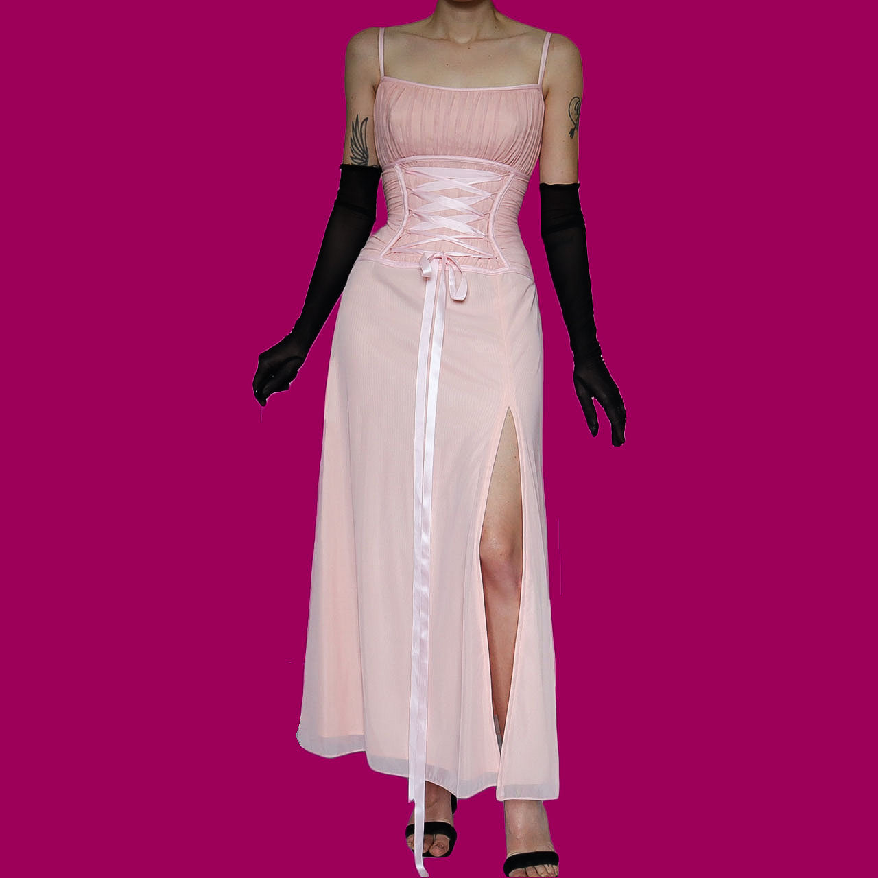 Designer Tadashi vintage pink lace up evening gown UK 10