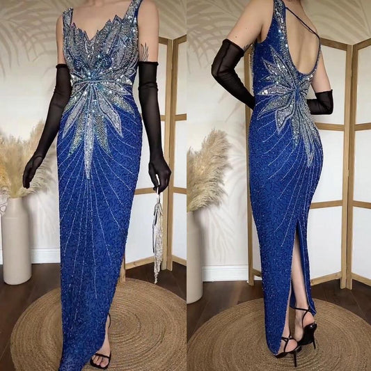 Blue 100% silk beaded evening dress uk 12
