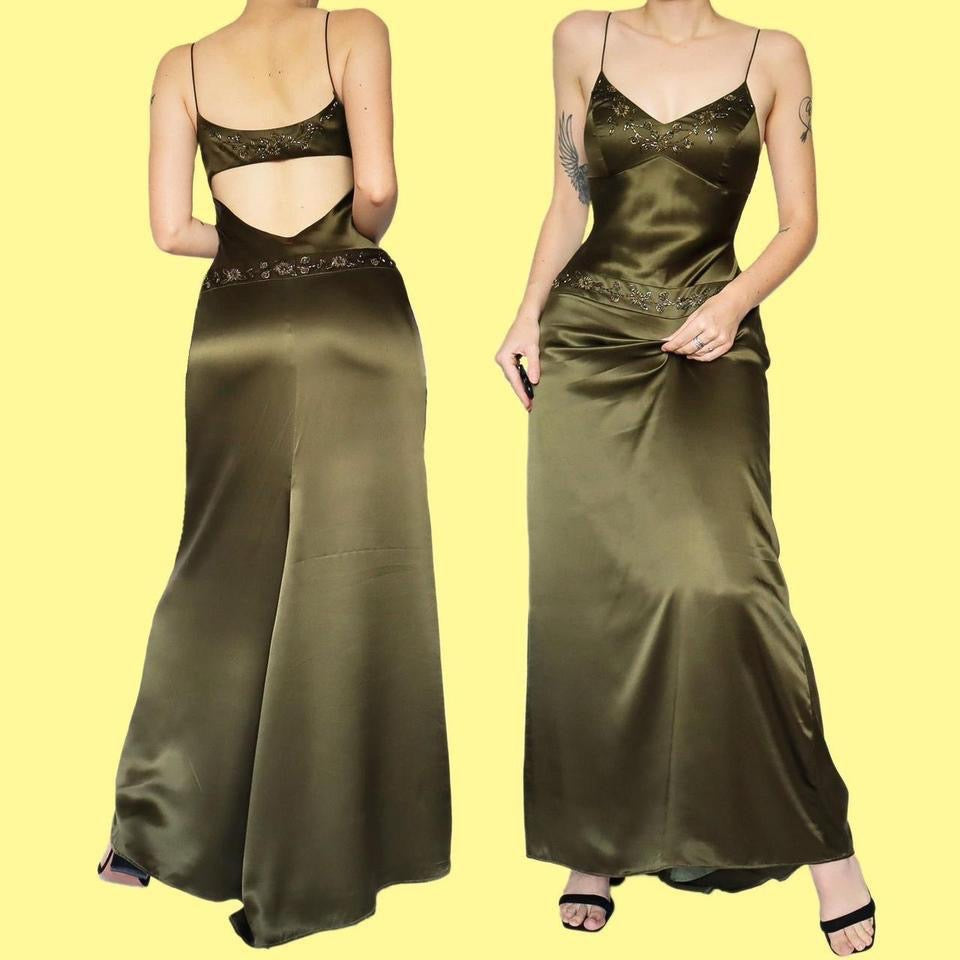Olive green beaded open back evening gown UK 12
