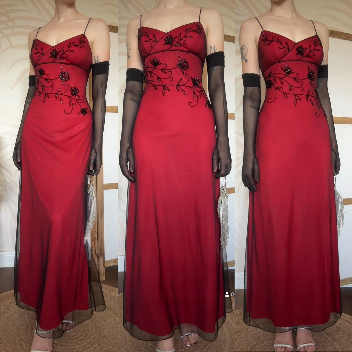 Red stretch beaded evening dress uk 14