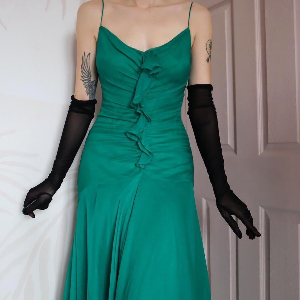 Green 100% silk midi dress UK 10