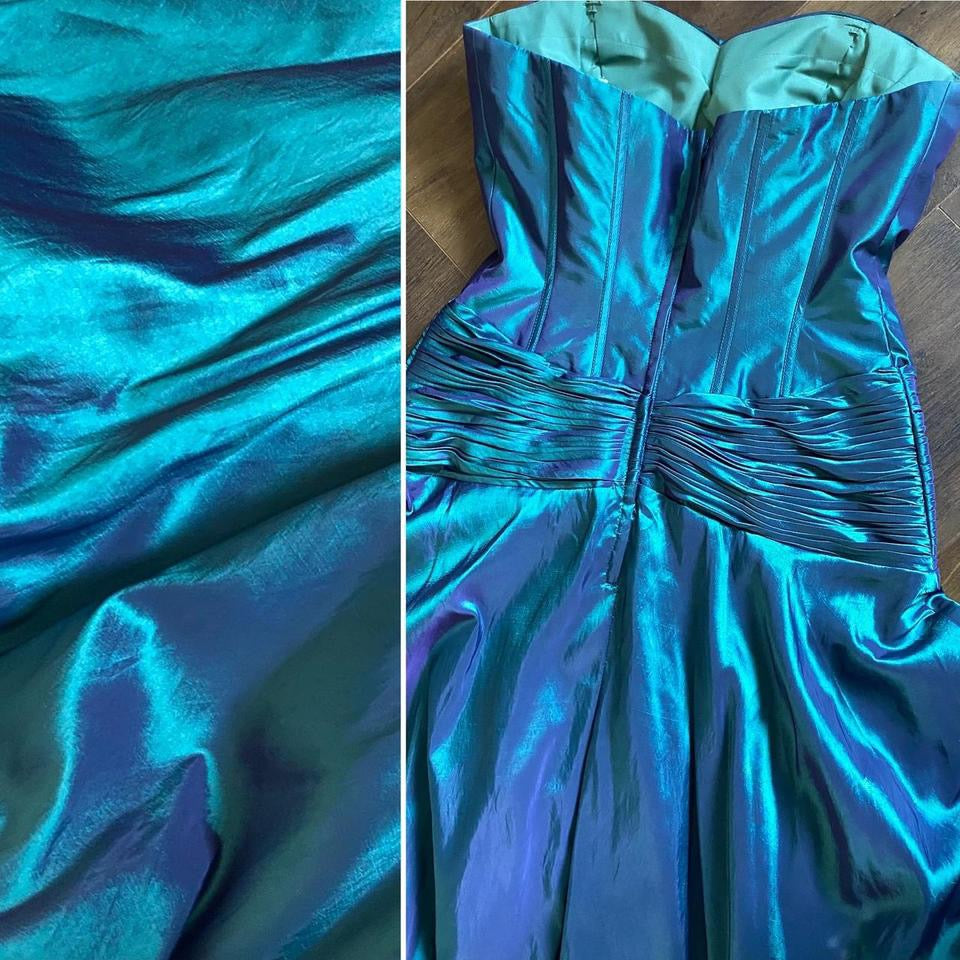 Blue iridescent strapless corset style prom dress uk 10