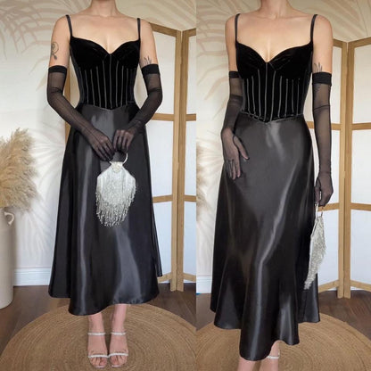 Simon Ellis black velvet/satin midi dress uk 10-12