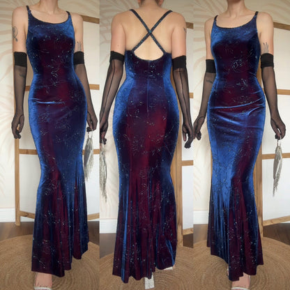 Iridescent beaded velvet evening dress uk 8