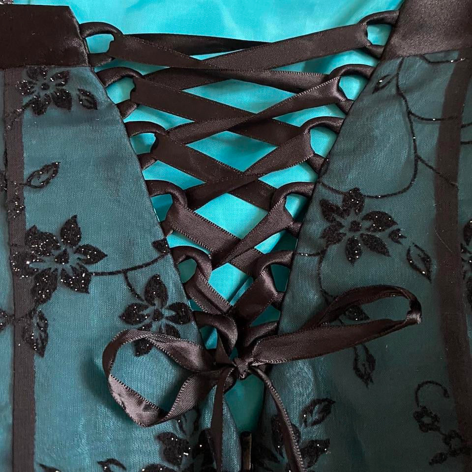 Morgan & Co teal glitter strapless evening dress UK 8-10