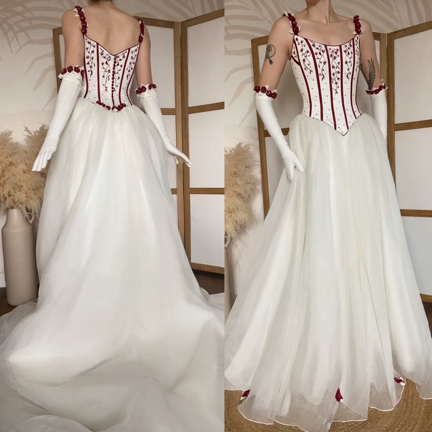 Gorgeous white & red wedding dress & gloves uk 10