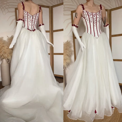 Gorgeous white & red wedding dress & gloves uk 10