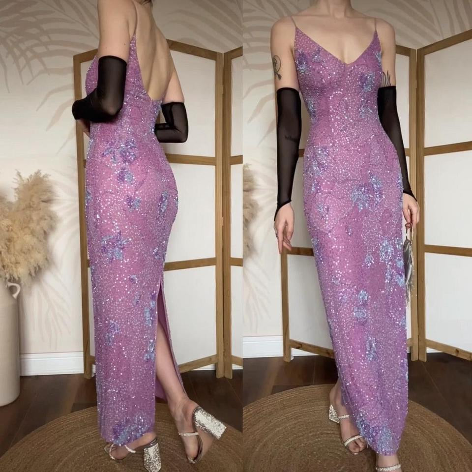 Purple 100% silk beaded/sequin evening dress uk 10-12