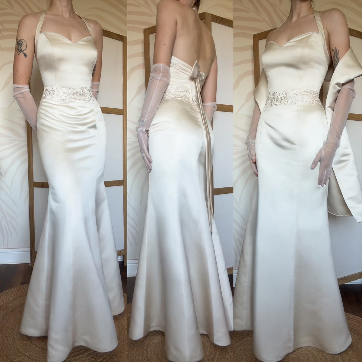 Cream halter-neck wedding dress & shawl uk 14