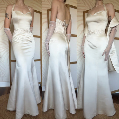 Cream halter-neck wedding dress & shawl uk 14