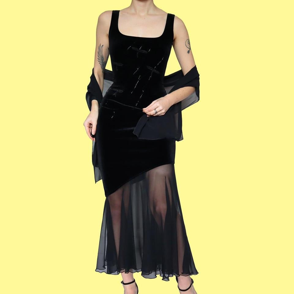 Joseph Ribkoff Black Velvet Beaded Dress & Shawl UK 12