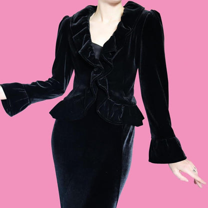 Black velvet ruffle evening jacket UK 10-12