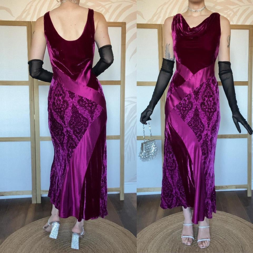 Silk blend dark pink velvet & satin slip dress UK 12-14